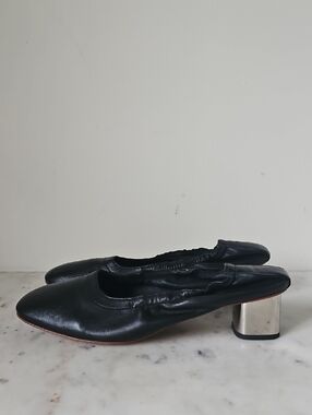 ROBERT CLERGERIE: Soft Stretch Black Nappa Leather Silver Sculptural Block Heels